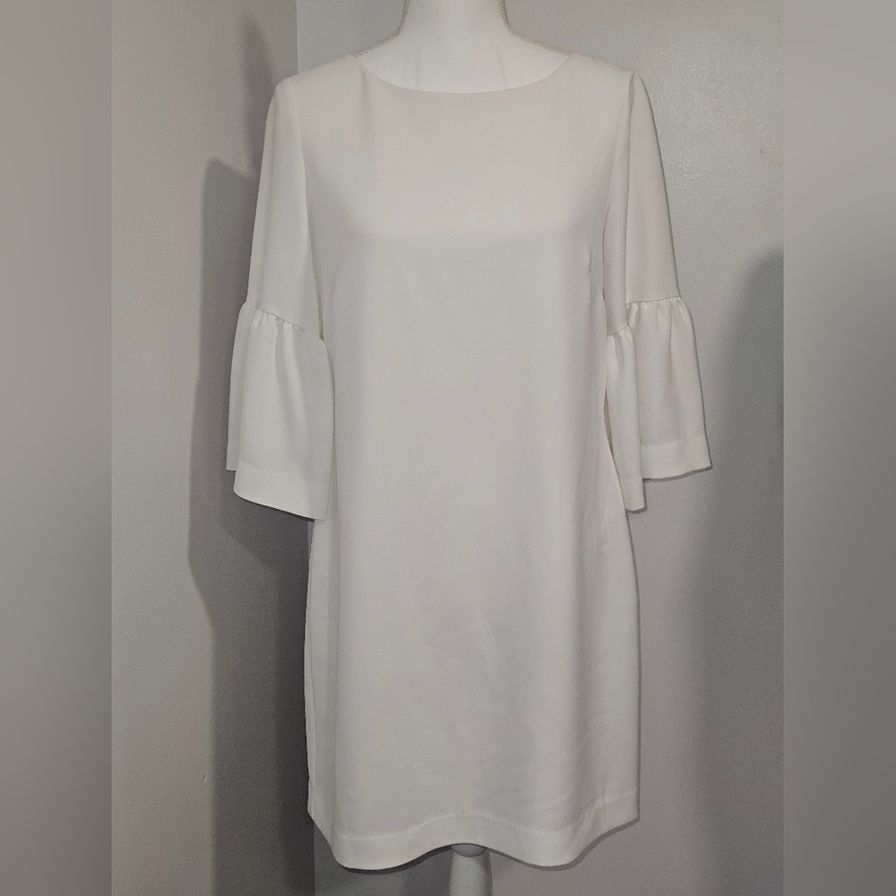 Sail to Sable Elegant Crisp White Bell Sleeve Midi Dress Gold Accents Size 10